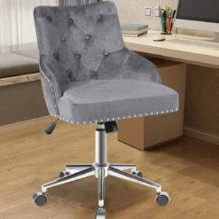 Samt Akzent Sessel Bürostuhl mit Rädern Verstellbarer Arbeitsstuhl 59,5 x 57 x 84 - 98 cm Grau