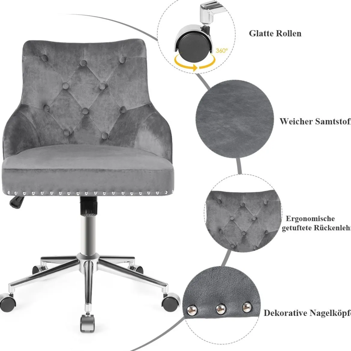 Samt Akzent Sessel Bürostuhl mit Rädern Verstellbarer Arbeitsstuhl 59,5 x 57 x 84 - 98 cm Grau