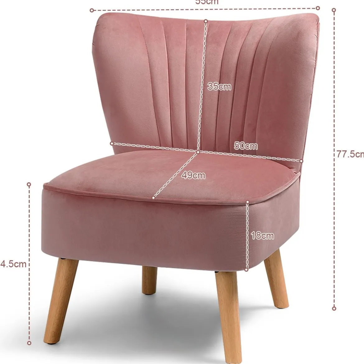 Samt-Akzentstuhl mit Massivholzbeinen dick gepolsterter Sitz 55 x 70 x 77,5 cm Rosa