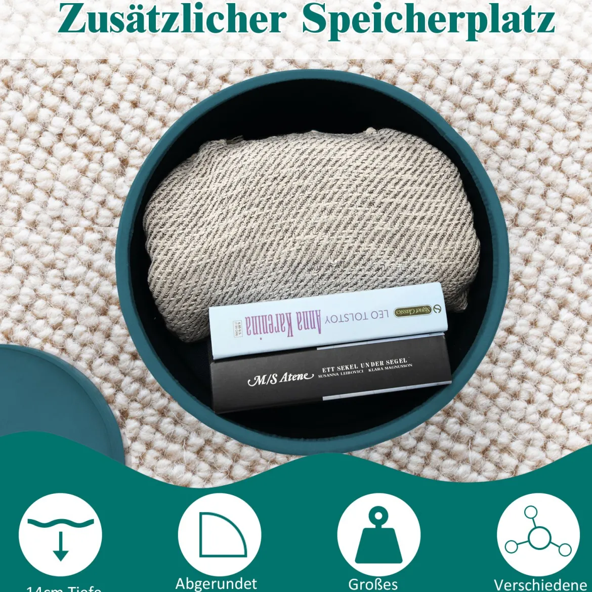 Samt Aufbewahrungs- Fußhocker moderner runder Schminkhocker 38 x 38 x 46,5 cm Dunkelgrün
