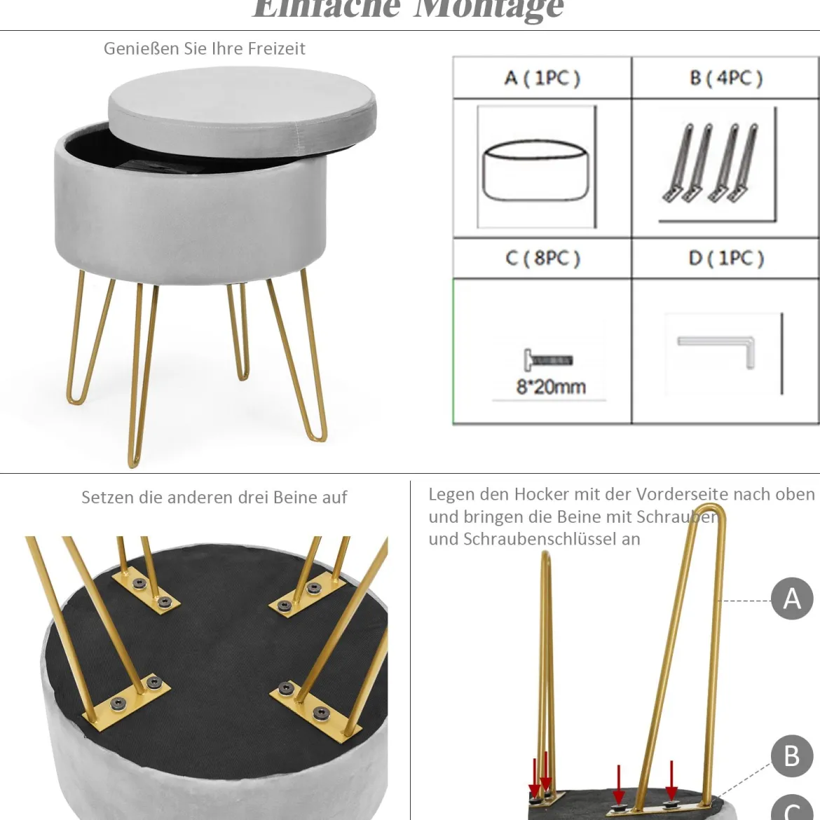 Samthocker Schminkhocker Sitzhocker Fußhocker Polsterhocker mit Stauraum Grau