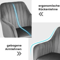 Samtstuhl mit 5 Rollen ergonomischer Rückenlehne und Armlehnen moderner Schminkstuhl Grau