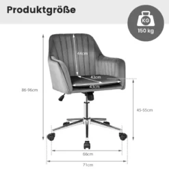 Samtstuhl mit 5 Rollen ergonomischer Rückenlehne und Armlehnen moderner Schminkstuhl Grau