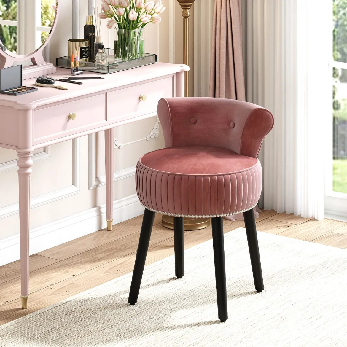 Samt-Vanity-Stuhl mit Lehne gepolsterter Vanity-Hocker mit tief getufteter Rückenlehne Rosa