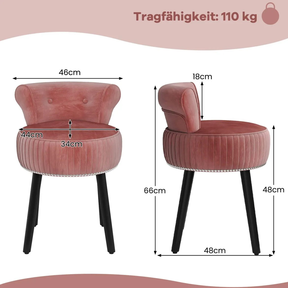 Samt-Vanity-Stuhl mit Lehne gepolsterter Vanity-Hocker mit tief getufteter Rückenlehne Rosa