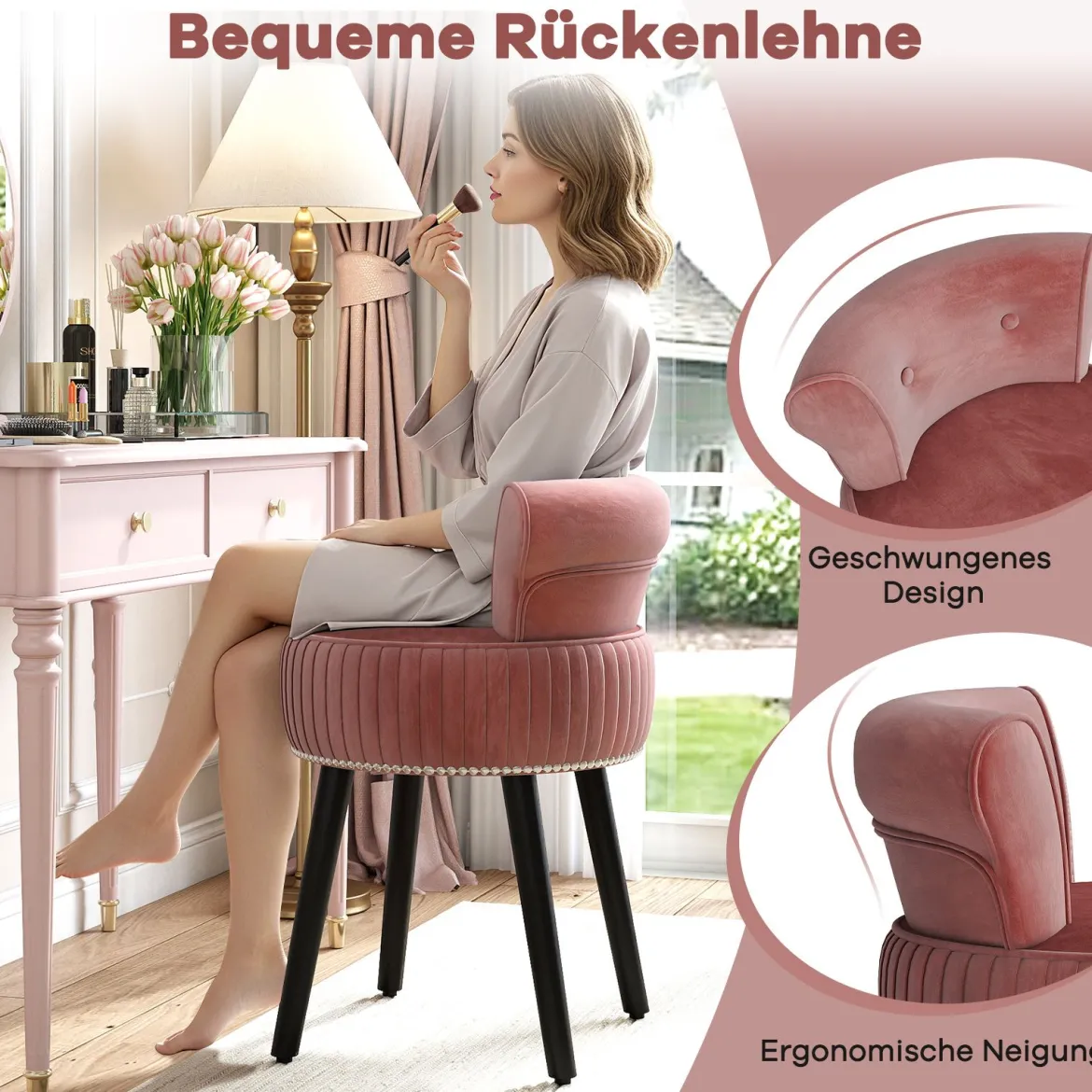 Samt-Vanity-Stuhl mit Lehne gepolsterter Vanity-Hocker mit tief getufteter Rückenlehne Rosa