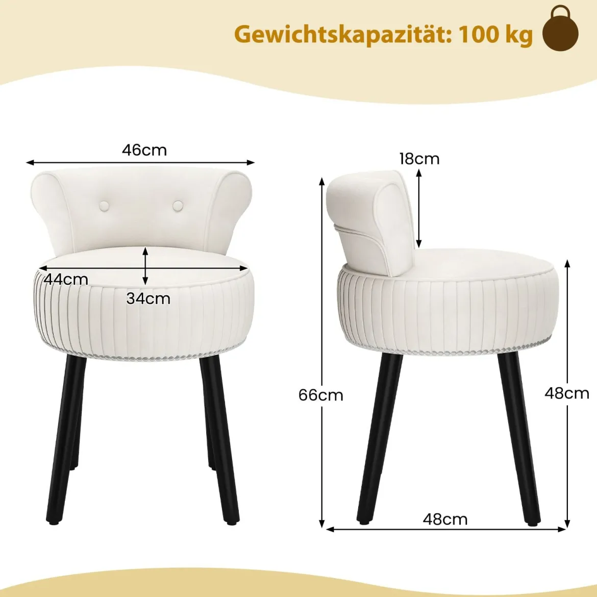 Samt-Vanity-Stuhl mit Lehne gepolsterter Vanity-Hocker mit tief getufteter Rückenlehne Weiß