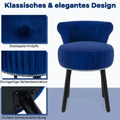 Samt-Vanity-Stuhl mit Lehne gepolsterter Vanity-Hocker mit tief getufteter Rückenlehne und massiven Holzbeinen Blau