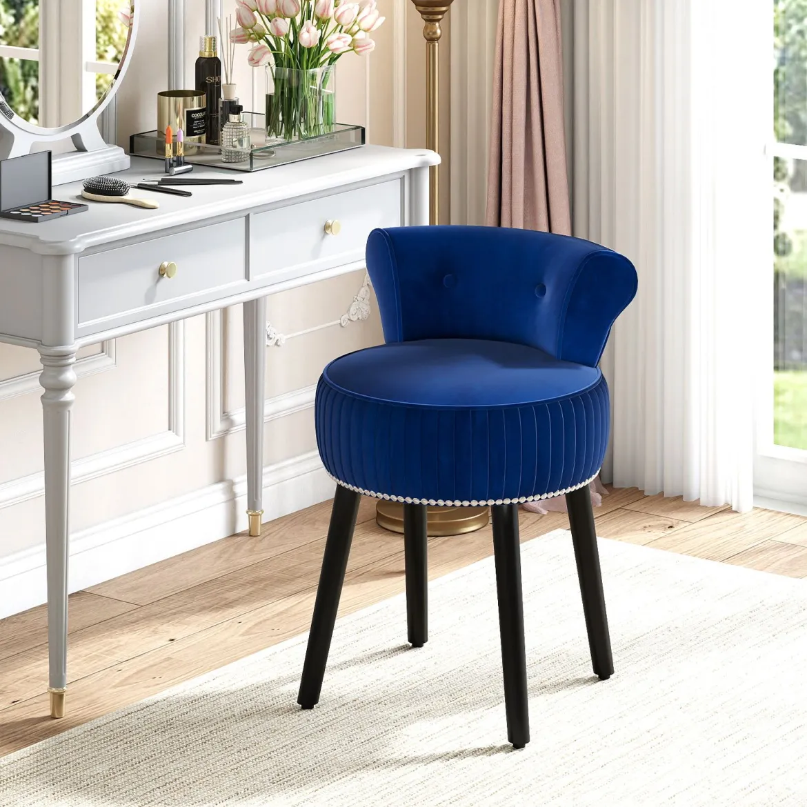 Samt-Vanity-Stuhl mit Lehne gepolsterter Vanity-Hocker mit tief getufteter Rückenlehne und massiven Holzbeinen Blau