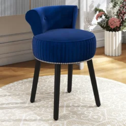 Samt-Vanity-Stuhl mit Lehne gepolsterter Vanity-Hocker mit tief getufteter Rückenlehne und massiven Holzbeinen Blau