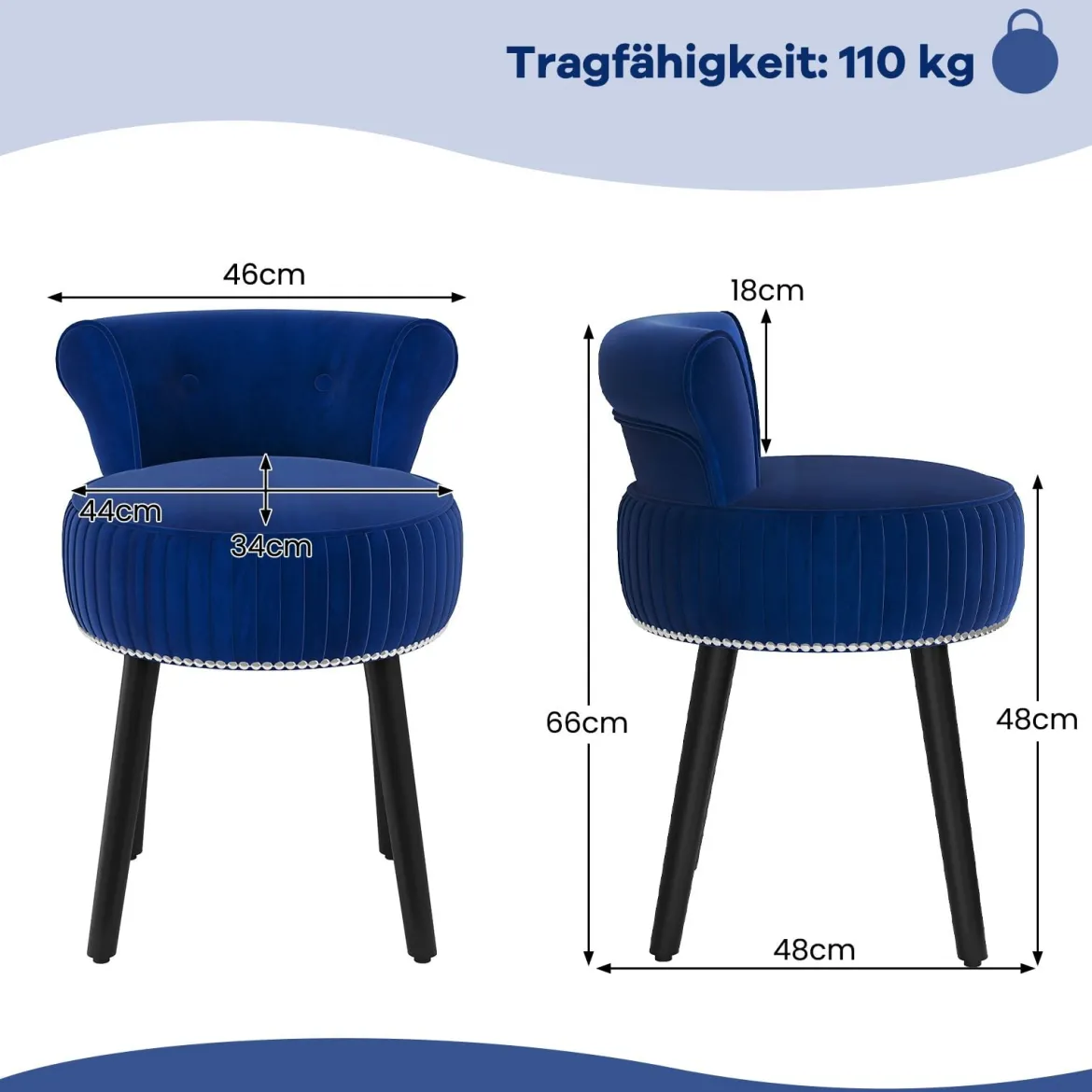 Samt-Vanity-Stuhl mit Lehne gepolsterter Vanity-Hocker mit tief getufteter Rückenlehne und massiven Holzbeinen Blau