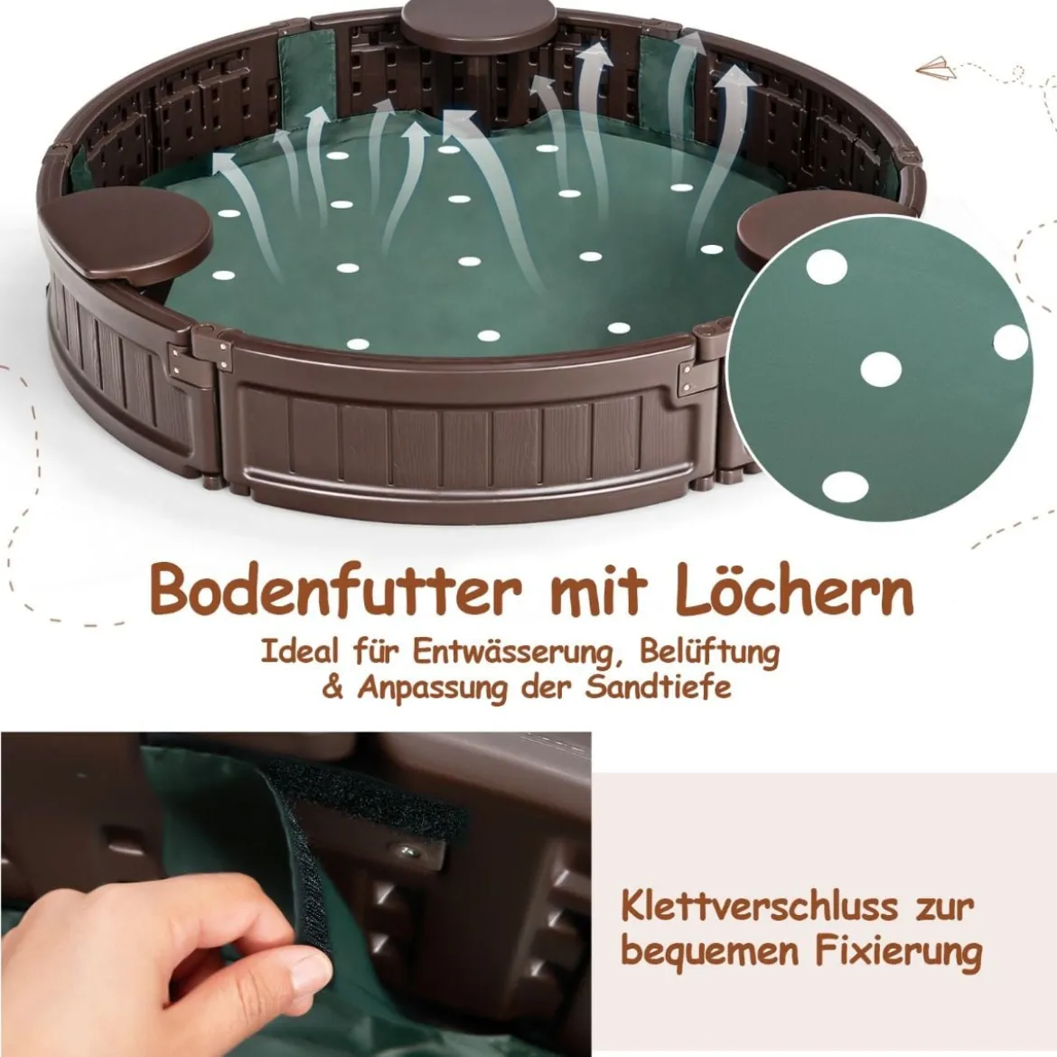 Sandkaste 120 cm Großer Runder Sandkasten 120 x 120 x 21 cm Braun