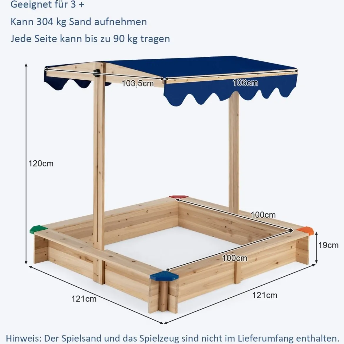 Sandkasten aus Holz mit Höhenverstellbarem Baldachin & Schützenden Ecken Spielstation