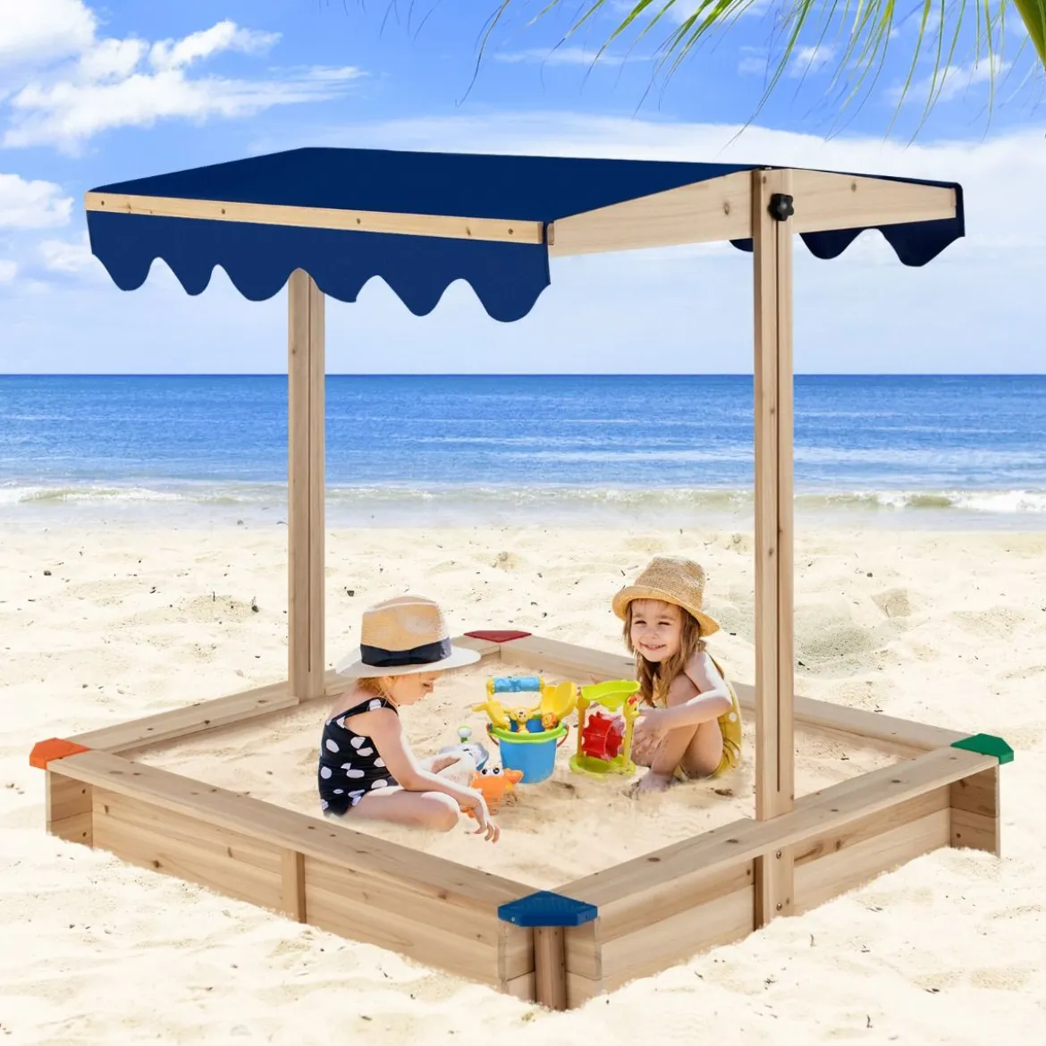 Sandkasten aus Holz mit Höhenverstellbarem Baldachin & Schützenden Ecken Spielstation