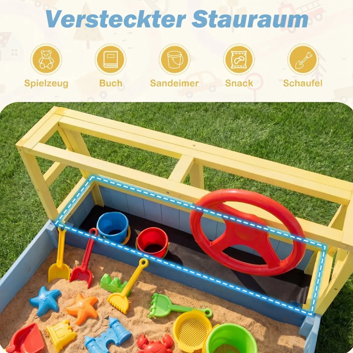 Sandkasten aus Holz Sandkiste im Feuerwehrauto-Design mit Drehbarem Steuerrad & Sitzbank