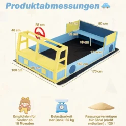 Sandkasten aus Holz Sandkiste im Feuerwehrauto-Design mit Drehbarem Steuerrad & Sitzbank