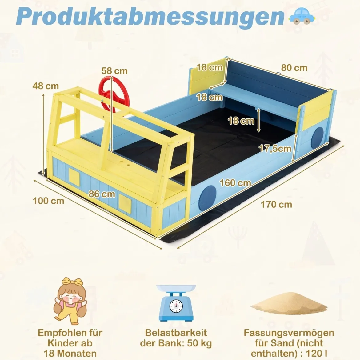 Sandkasten aus Holz Sandkiste im Feuerwehrauto-Design mit Drehbarem Steuerrad & Sitzbank