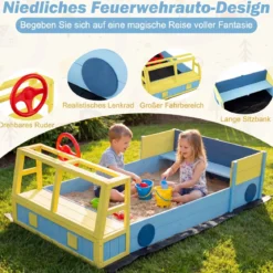 Sandkasten aus Holz Sandkiste im Feuerwehrauto-Design mit Drehbarem Steuerrad & Sitzbank