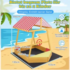 Sandkasten mit Dach Schiff Holzsandkasten mit Steuerrad 4 Ecksitzen & Bodenplane 103 x 135 x 140 cm