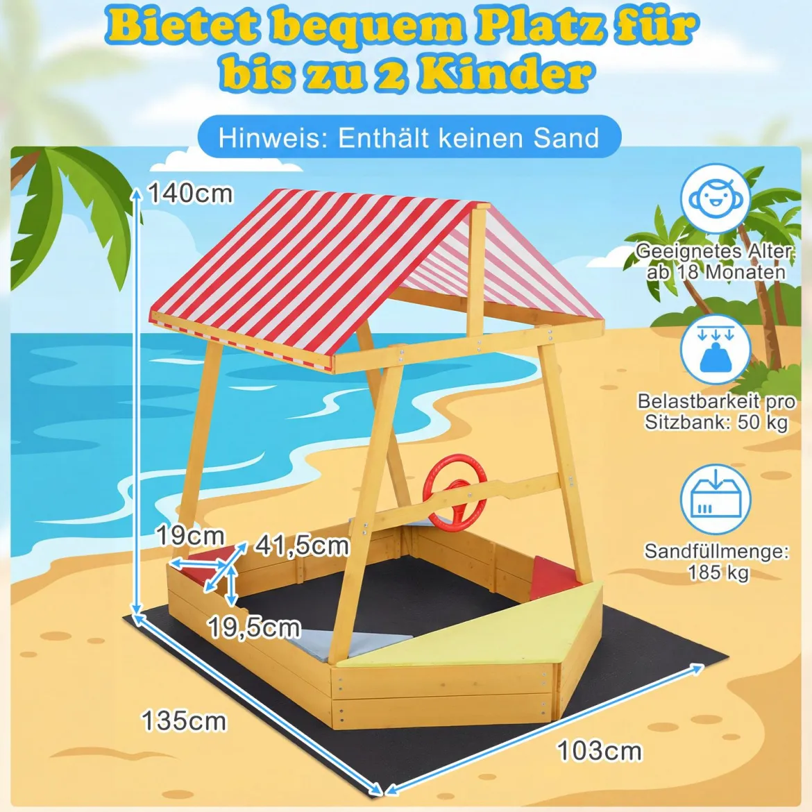 Sandkasten mit Dach Schiff Holzsandkasten mit Steuerrad 4 Ecksitzen & Bodenplane 103 x 135 x 140 cm