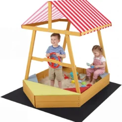 Sandkasten mit Dach Schiff Holzsandkasten mit Steuerrad 4 Ecksitzen & Bodenplane 103 x 135 x 140 cm