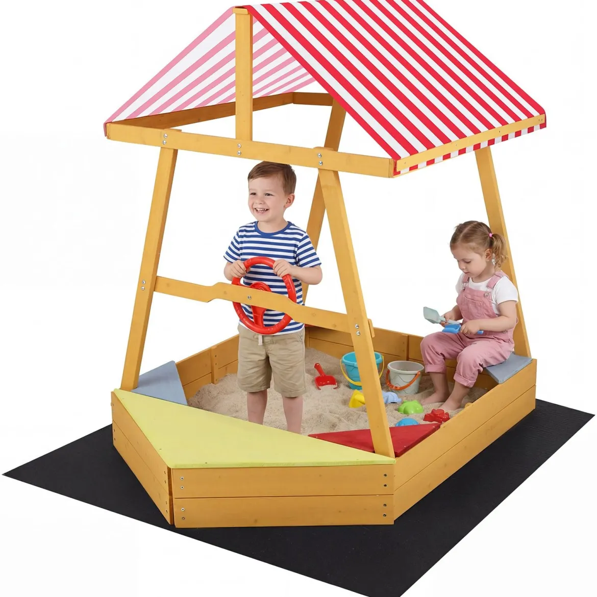 Sandkasten mit Dach Schiff Holzsandkasten mit Steuerrad 4 Ecksitzen & Bodenplane 103 x 135 x 140 cm