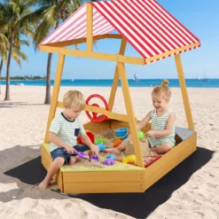 Sandkasten mit Dach Schiff Holzsandkasten mit Steuerrad 4 Ecksitzen & Bodenplane 103 x 135 x 140 cm
