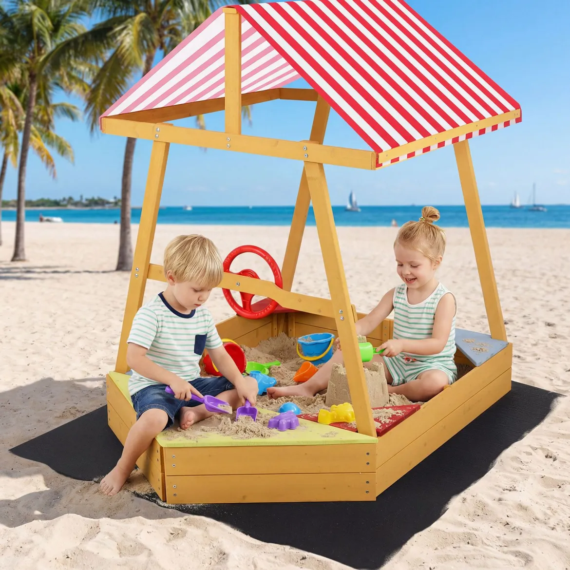 Sandkasten mit Dach Schiff Holzsandkasten mit Steuerrad 4 Ecksitzen & Bodenplane 103 x 135 x 140 cm