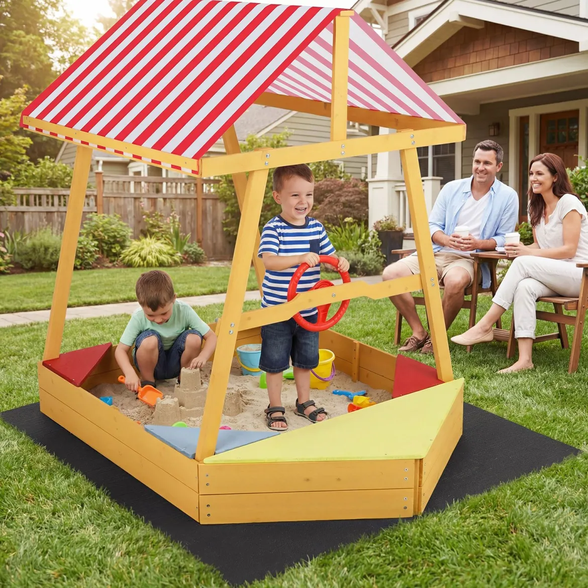 Sandkasten mit Dach Schiff Holzsandkasten mit Steuerrad 4 Ecksitzen & Bodenplane 103 x 135 x 140 cm