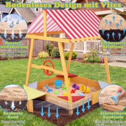 Sandkasten mit Dach Schiff Holzsandkasten mit Steuerrad 4 Ecksitzen & Bodenplane 103 x 135 x 140 cm