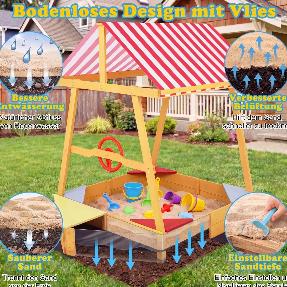Sandkasten mit Dach Schiff Holzsandkasten mit Steuerrad 4 Ecksitzen & Bodenplane 103 x 135 x 140 cm