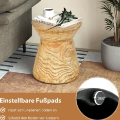 Sanduhrförmiger Beistelltisch 43 cm hoher holzähnlicher Hocker wetterfester Balkontisch runder Sofatisch mit Holzmaserung Natur