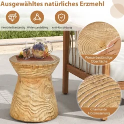 Sanduhrförmiger Beistelltisch 43 cm hoher holzähnlicher Hocker wetterfester Balkontisch runder Sofatisch mit Holzmaserung Natur