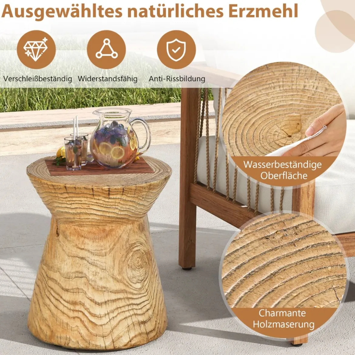 Sanduhrförmiger Beistelltisch 43 cm hoher holzähnlicher Hocker wetterfester Balkontisch runder Sofatisch mit Holzmaserung Natur