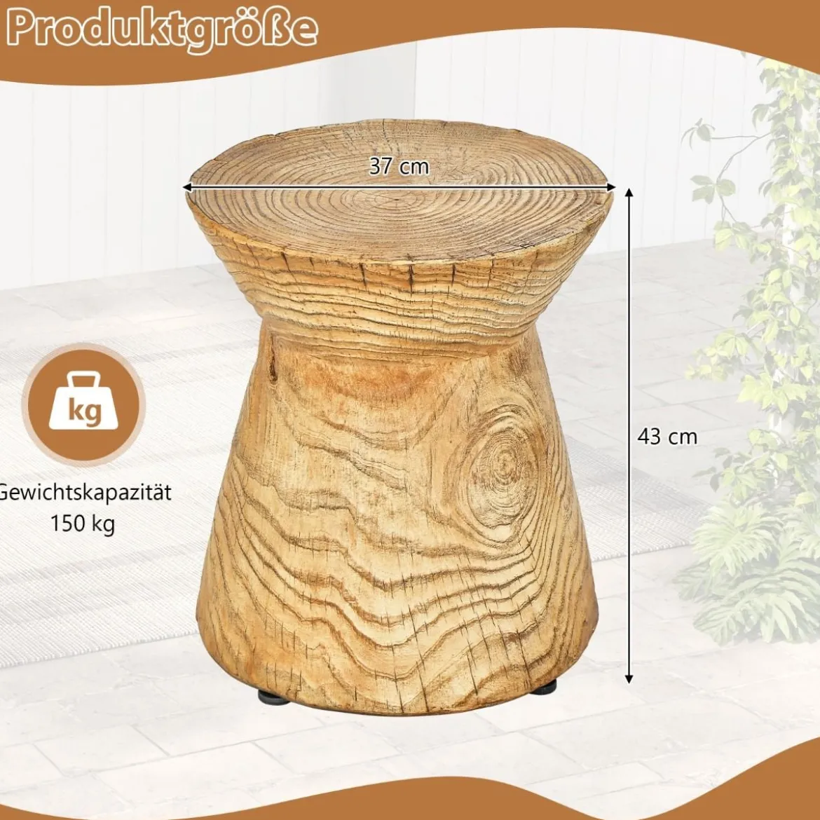Sanduhrförmiger Beistelltisch 43 cm hoher holzähnlicher Hocker wetterfester Balkontisch runder Sofatisch mit Holzmaserung Natur