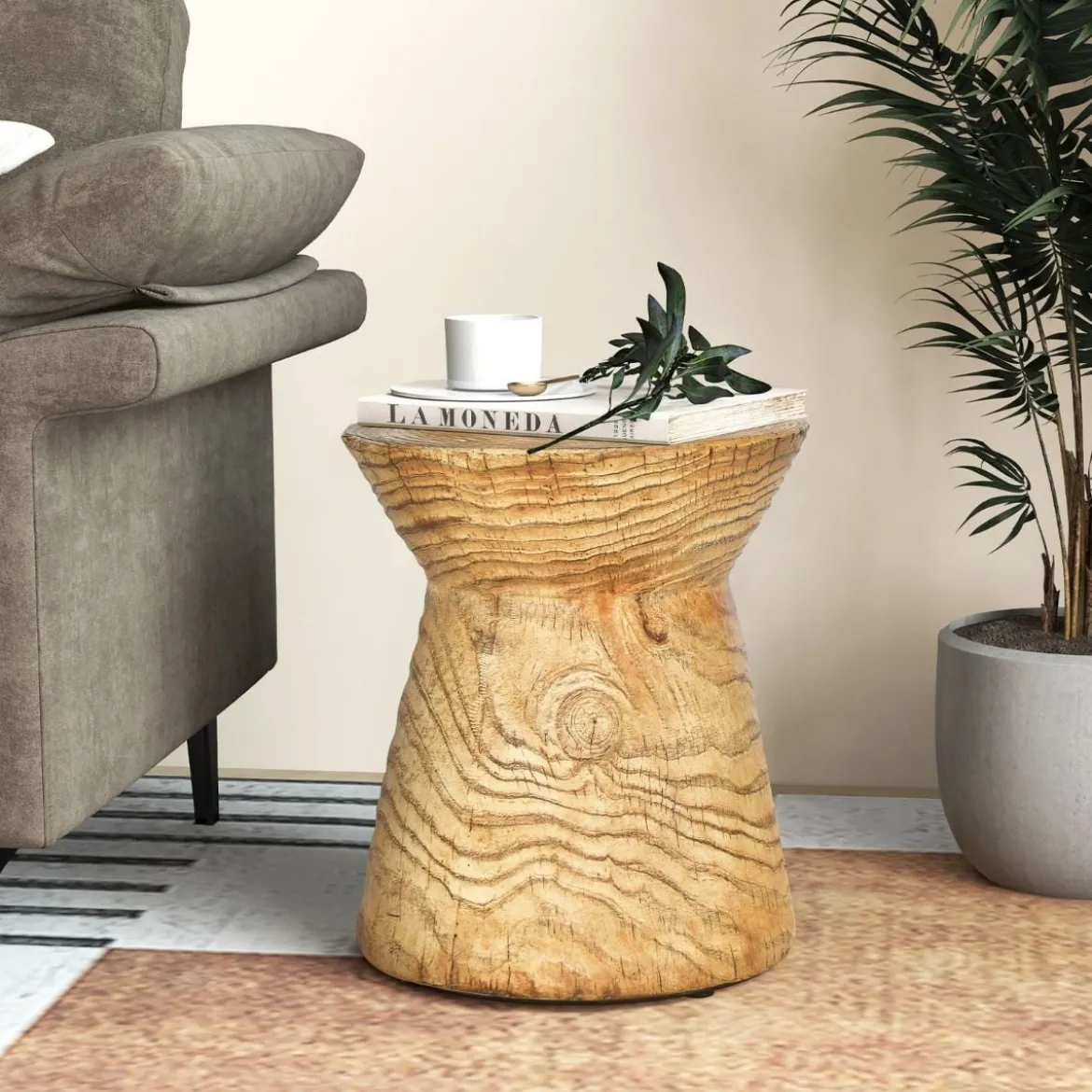 Sanduhrförmiger Beistelltisch 43 cm hoher holzähnlicher Hocker wetterfester Balkontisch runder Sofatisch mit Holzmaserung Natur