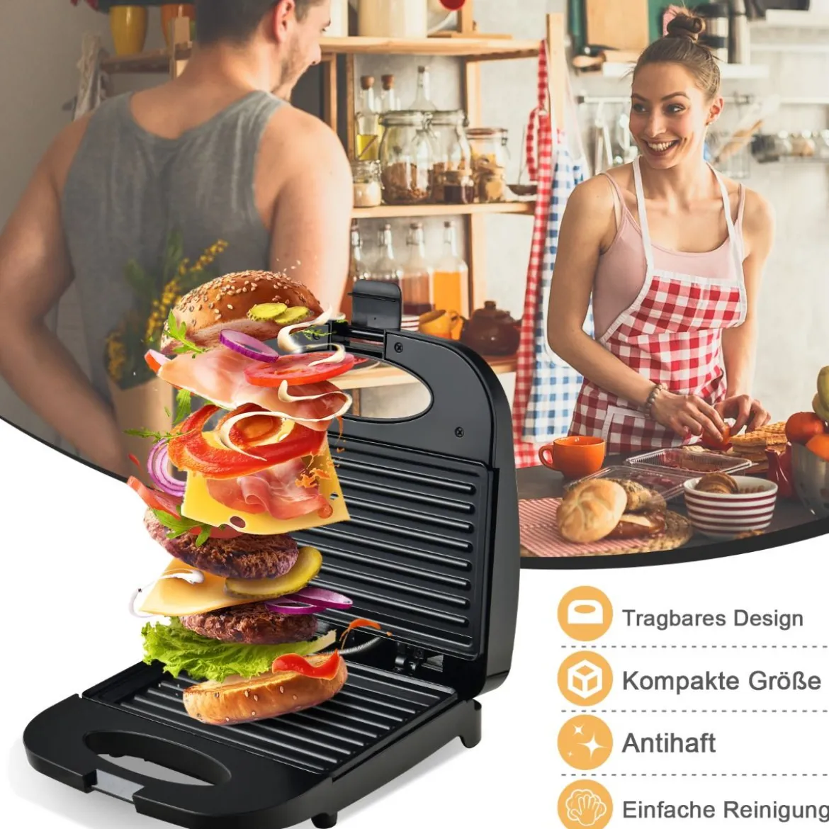 Sandwichmaker 750 W vielseitiger Indoor-Grill mit kühlbleibendem Griff rutschfesten Füßen Paninimaker