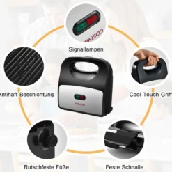 Sandwichmaker 750 W vielseitiger Indoor-Grill mit kühlbleibendem Griff rutschfesten Füßen Paninimaker