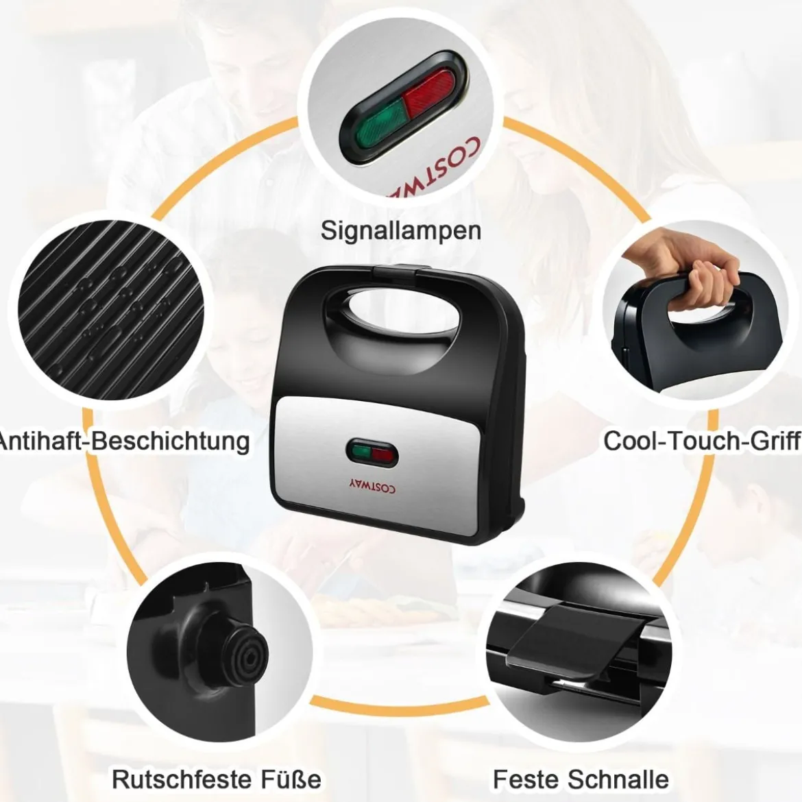 Sandwichmaker 750 W vielseitiger Indoor-Grill mit kühlbleibendem Griff rutschfesten Füßen Paninimaker