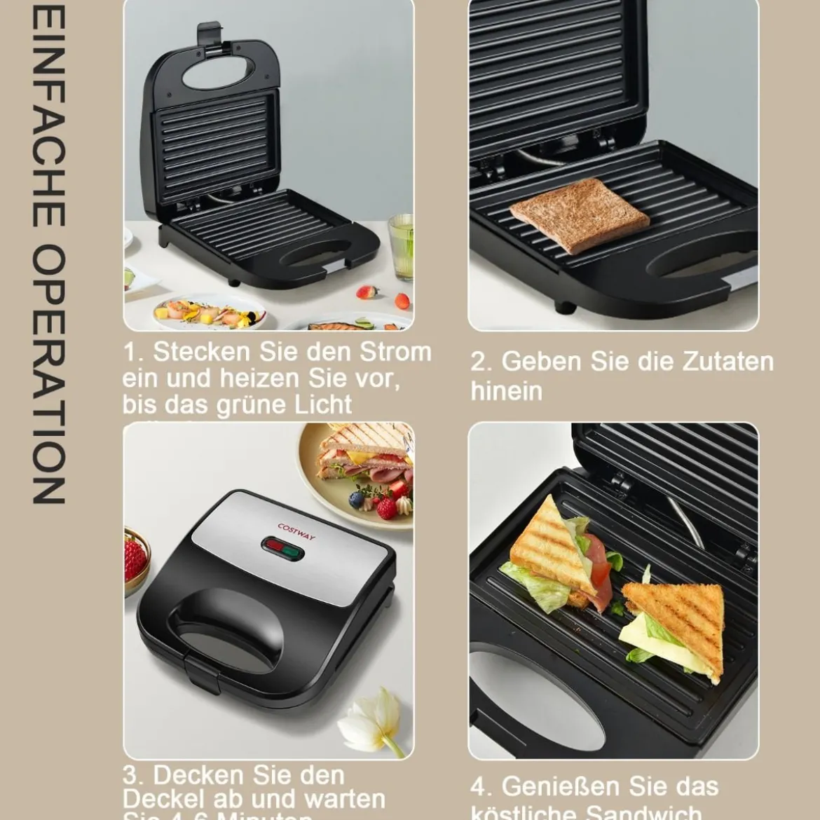 Sandwichmaker 750 W vielseitiger Indoor-Grill mit kühlbleibendem Griff rutschfesten Füßen Paninimaker