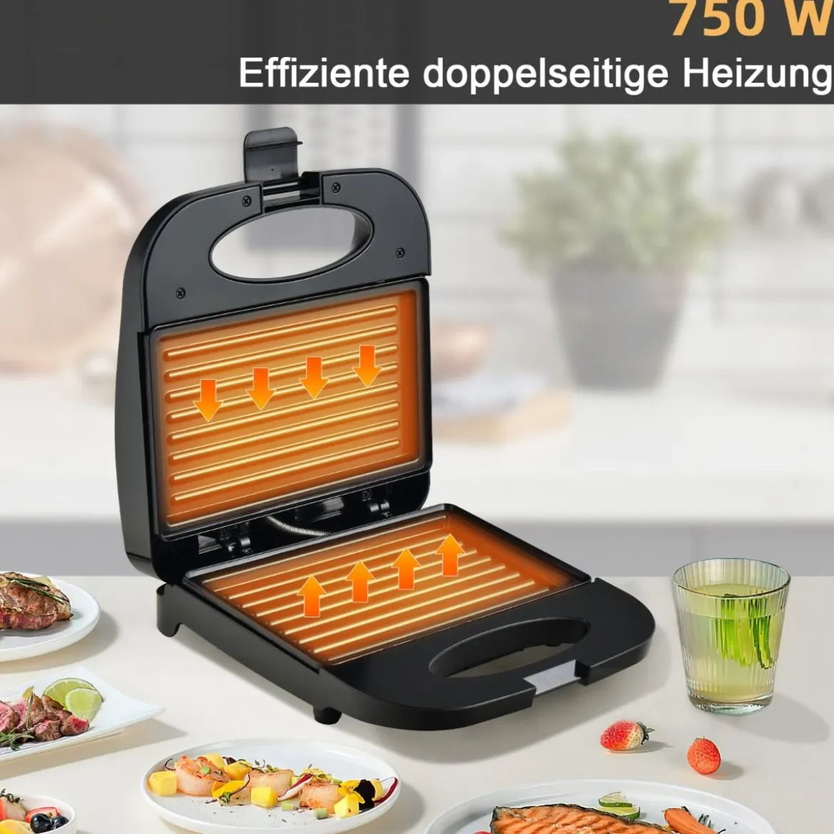 Sandwichmaker 750 W vielseitiger Indoor-Grill mit kühlbleibendem Griff rutschfesten Füßen Paninimaker