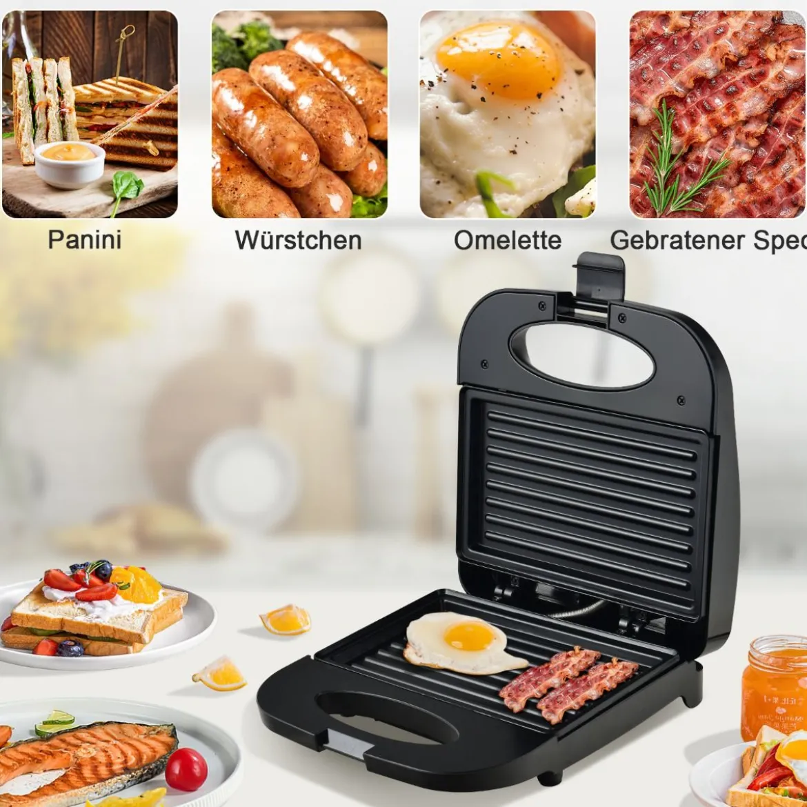 Sandwichmaker 750 W vielseitiger Indoor-Grill mit kühlbleibendem Griff rutschfesten Füßen Paninimaker