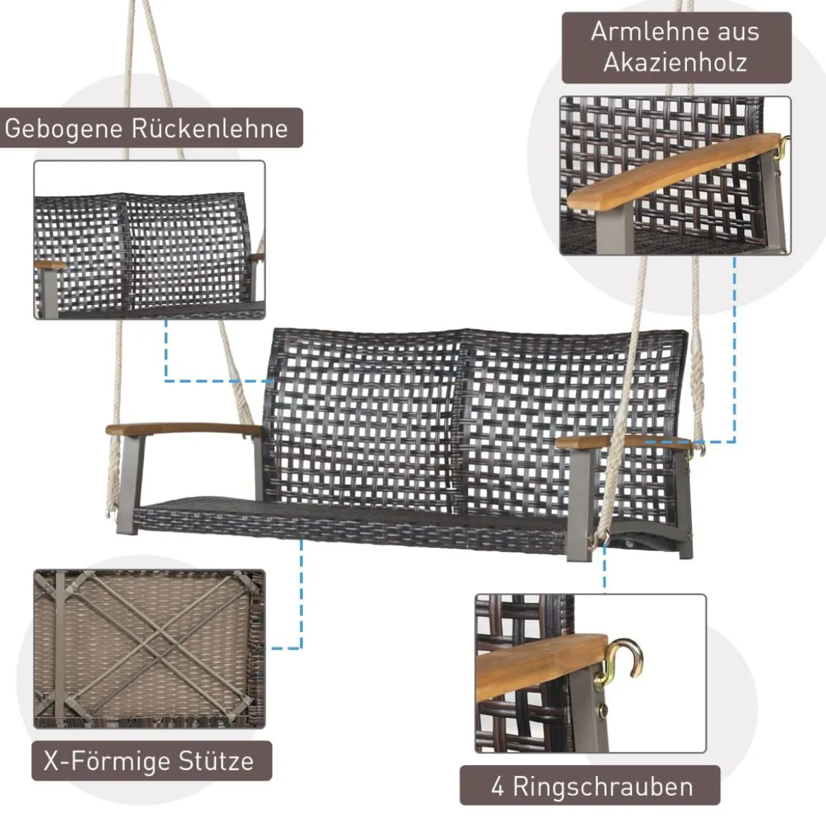 Schaukelbank für Draußen Hängebank aus PE-Rattan mit 2 Seilen 131 x 68 x 54 cm