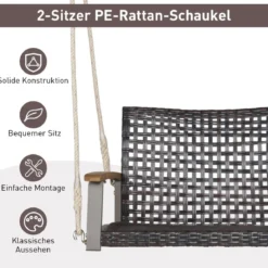 Schaukelbank für Draußen Hängebank aus PE-Rattan mit 2 Seilen 131 x 68 x 54 cm