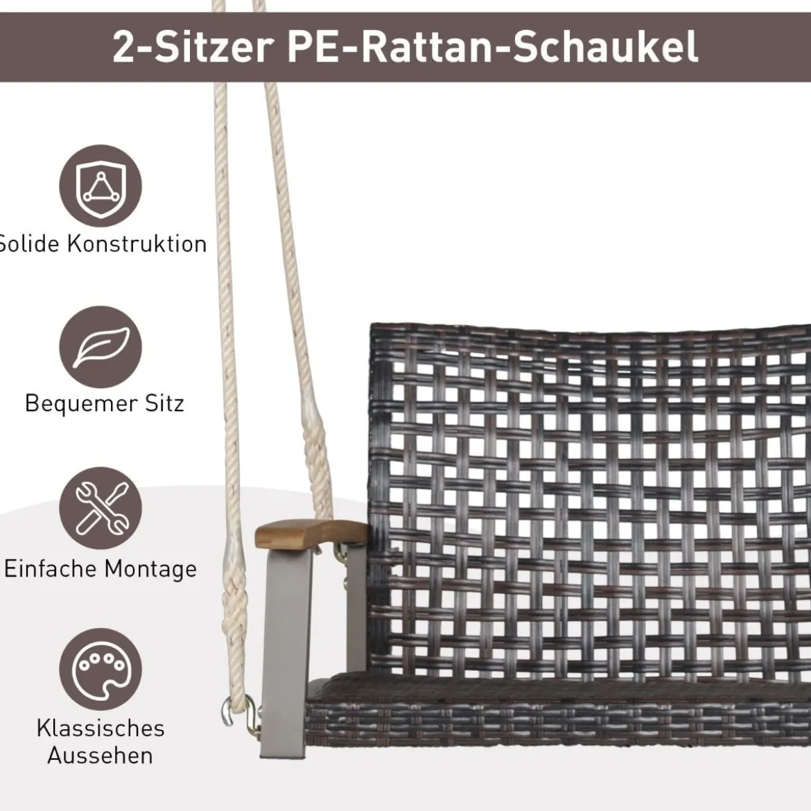 Schaukelbank für Draußen Hängebank aus PE-Rattan mit 2 Seilen 131 x 68 x 54 cm
