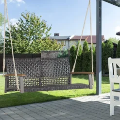 Schaukelbank für Draußen Hängebank aus PE-Rattan mit 2 Seilen 131 x 68 x 54 cm