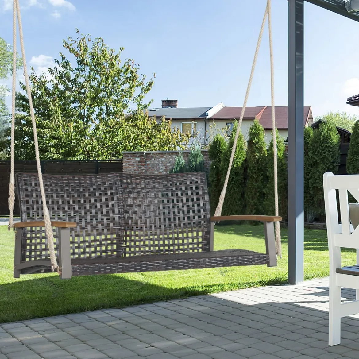 Schaukelbank für Draußen Hängebank aus PE-Rattan mit 2 Seilen 131 x 68 x 54 cm