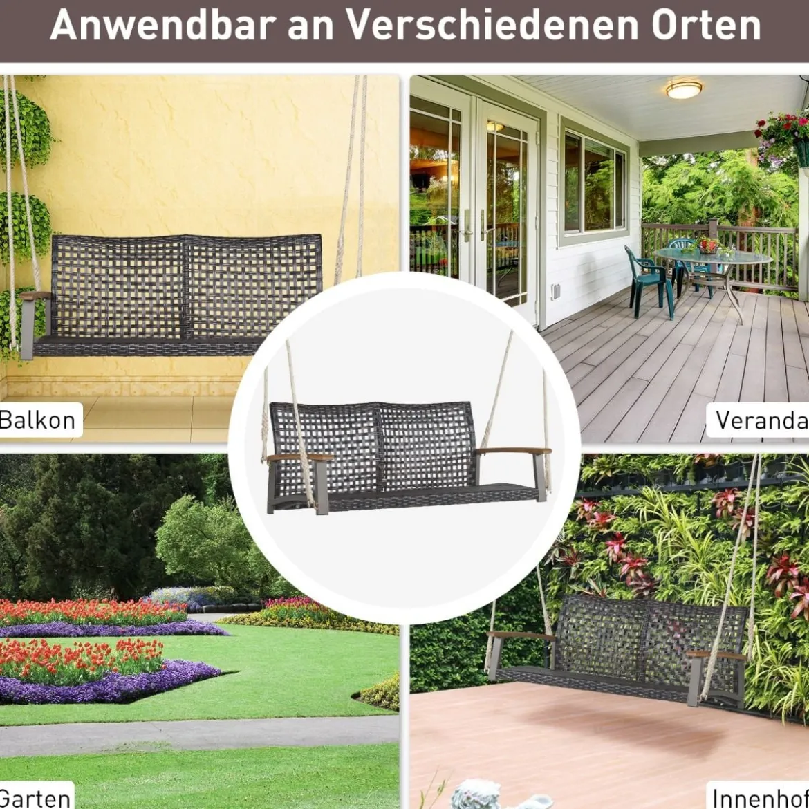 Schaukelbank für Draußen Hängebank aus PE-Rattan mit 2 Seilen 131 x 68 x 54 cm