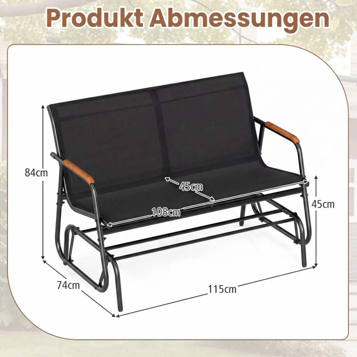 Schaukelbank für 2 Personen Terrassenbank mit geschwungenen Teakholz-Armlehnen Schwarz
