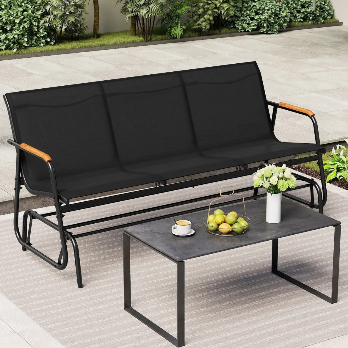 Schaukelbank für 3 Personen Terrassenbank mit geschwungenen Teakholz-Armlehnen Schwarz